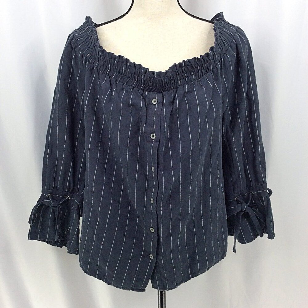 Lucky Brand Women's Top Size Large Linen Cotton Blend Button Down Peasant